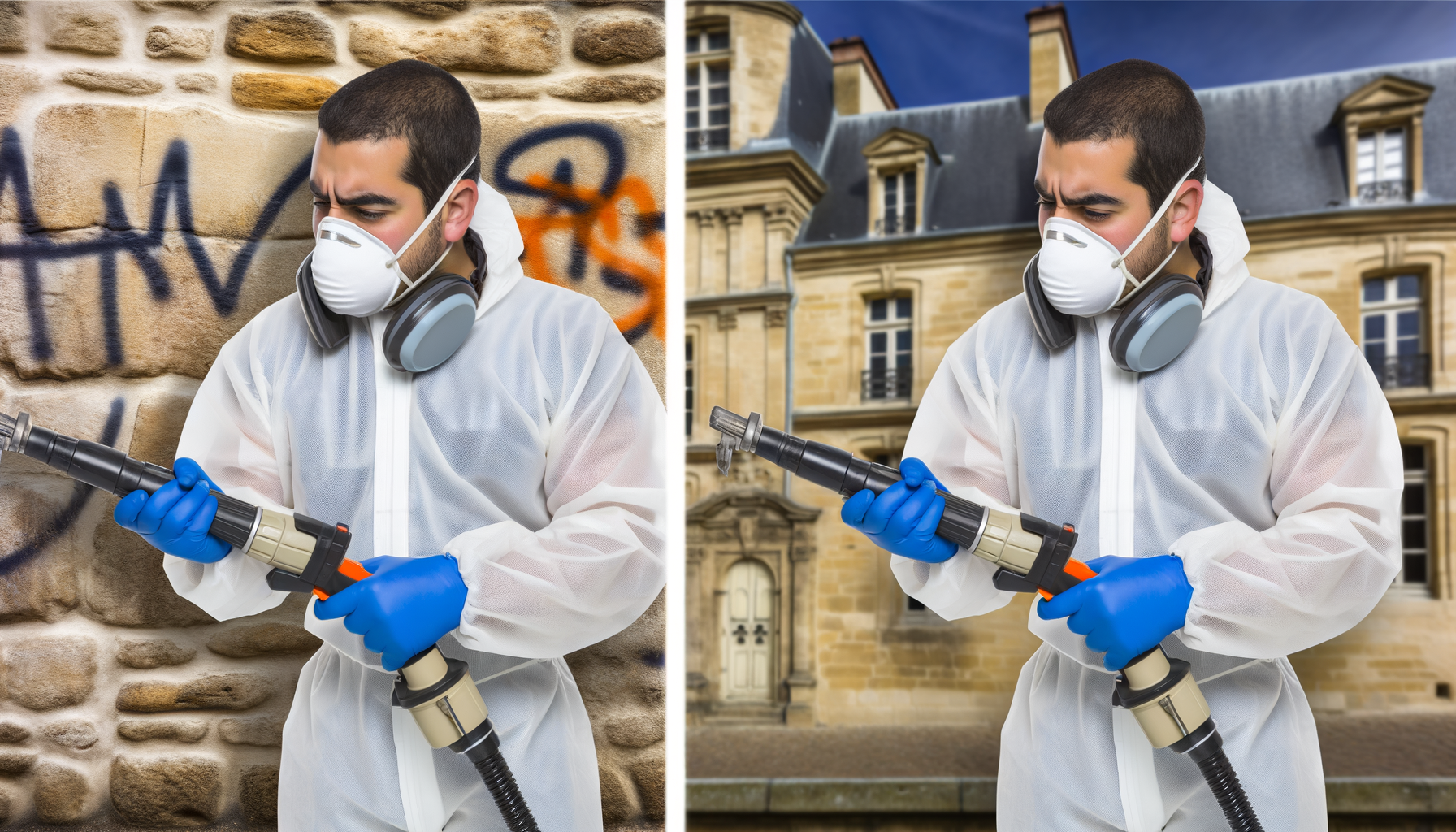 Nettoyage de graffiti sur mur urbain